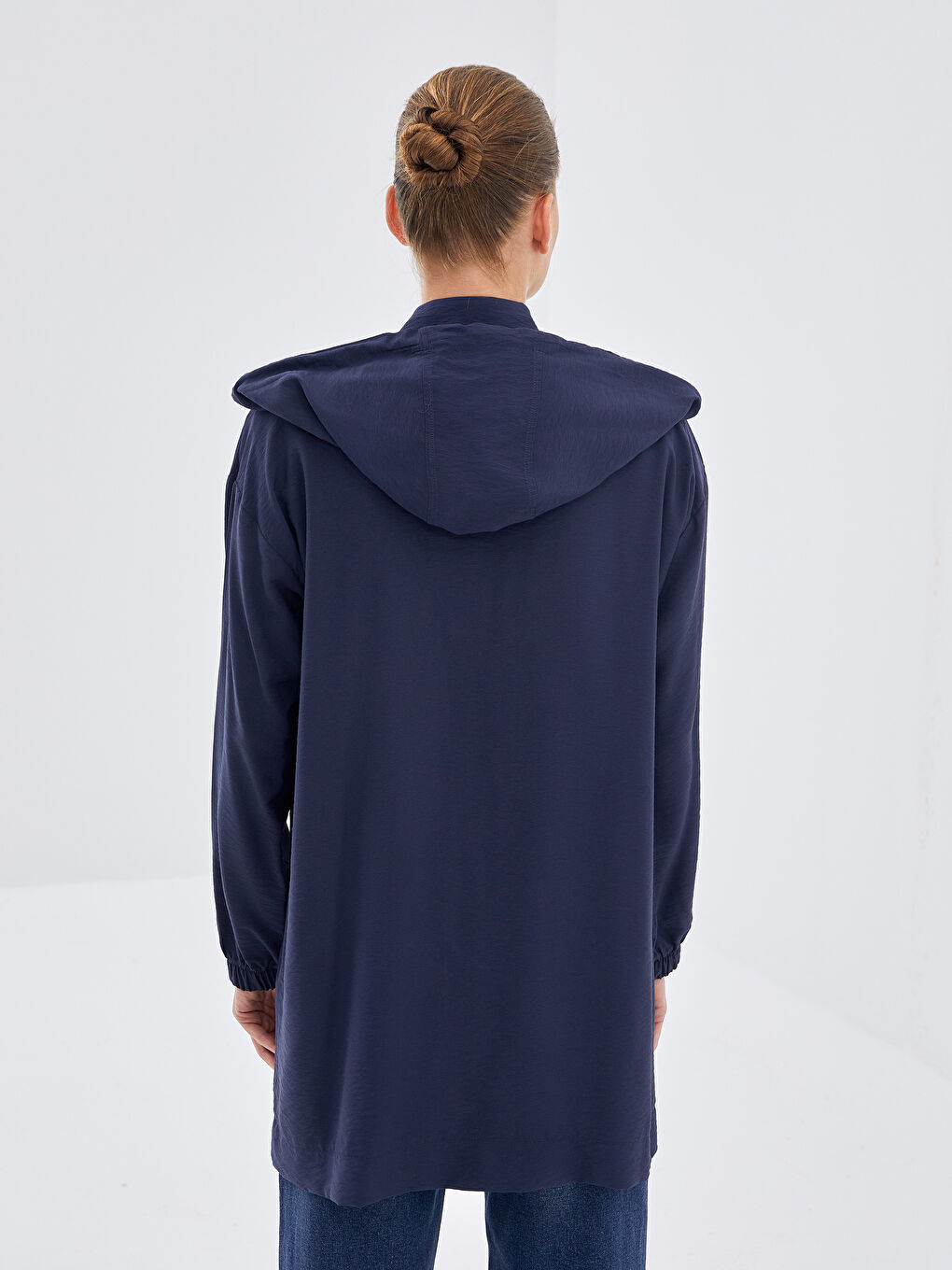 Lacivert Kapüşonlu Düz Uzun Kollu Kadın Tunik-3