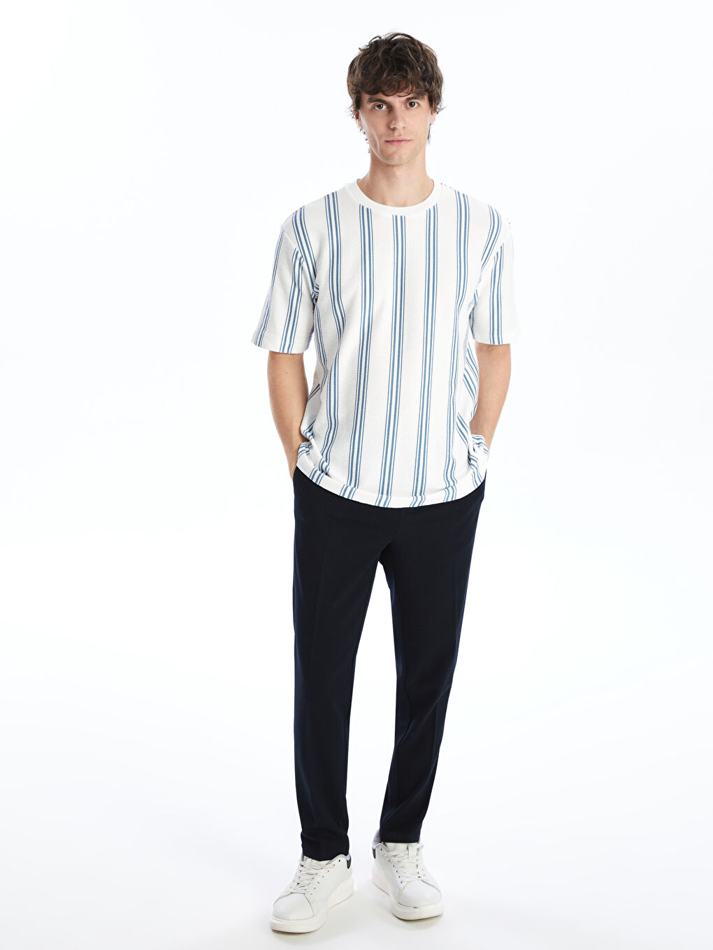 تي شيرت رجالي كم قصير كول مدور مخطط-2