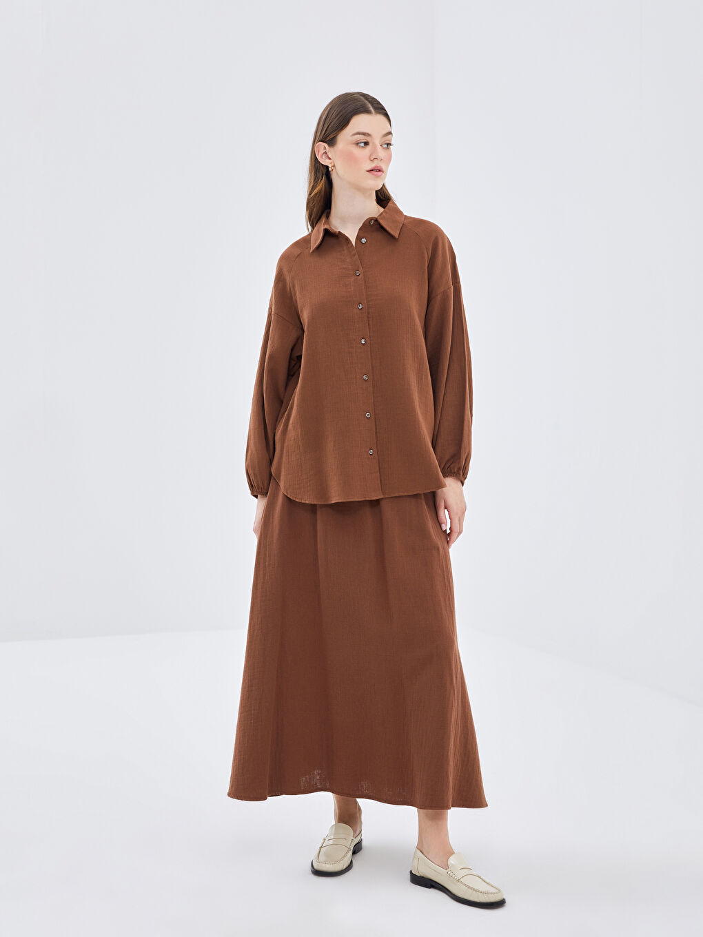 Kahverengi Beli Lastikli Rahat Kalıp Kadın Etek