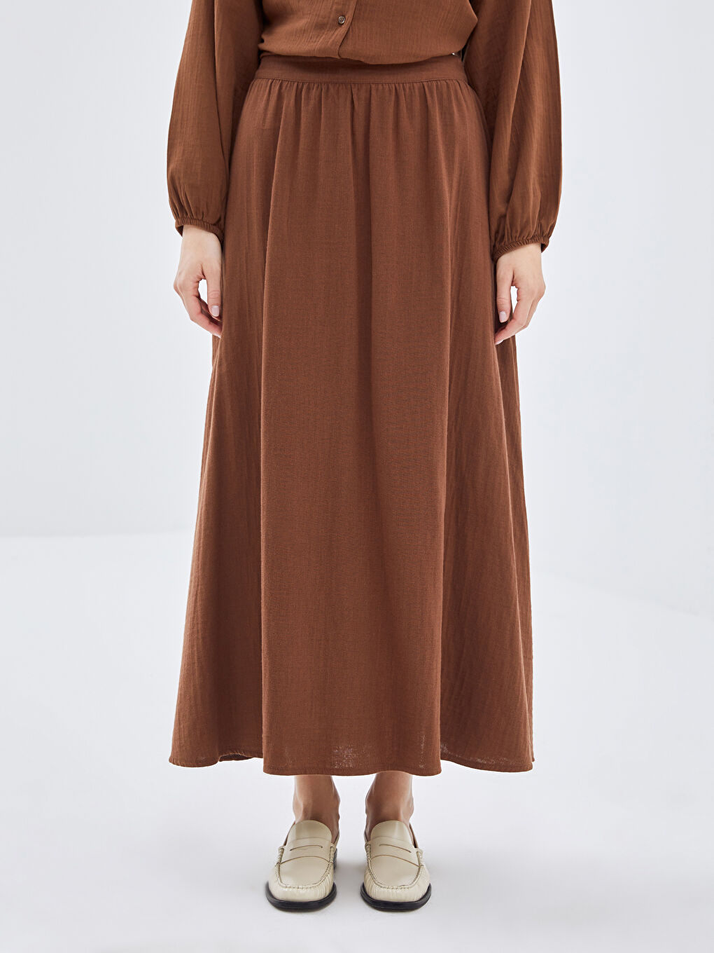 Kahverengi Beli Lastikli Rahat Kalıp Kadın Etek-1