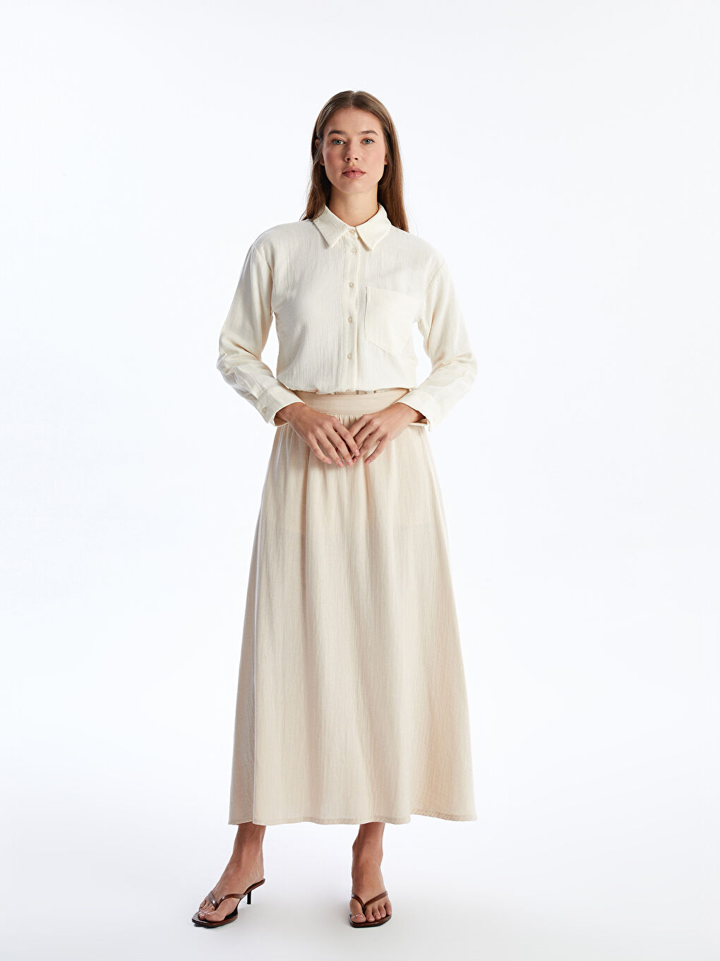 Bej Beli Lastikli Rahat Kalıp Kadın Etek