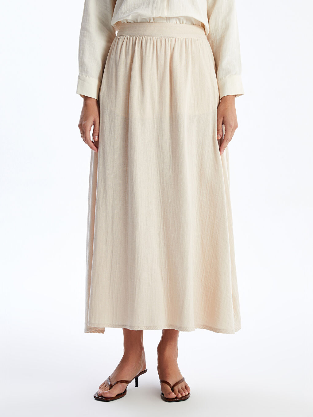 Bej Beli Lastikli Rahat Kalıp Kadın Etek-1