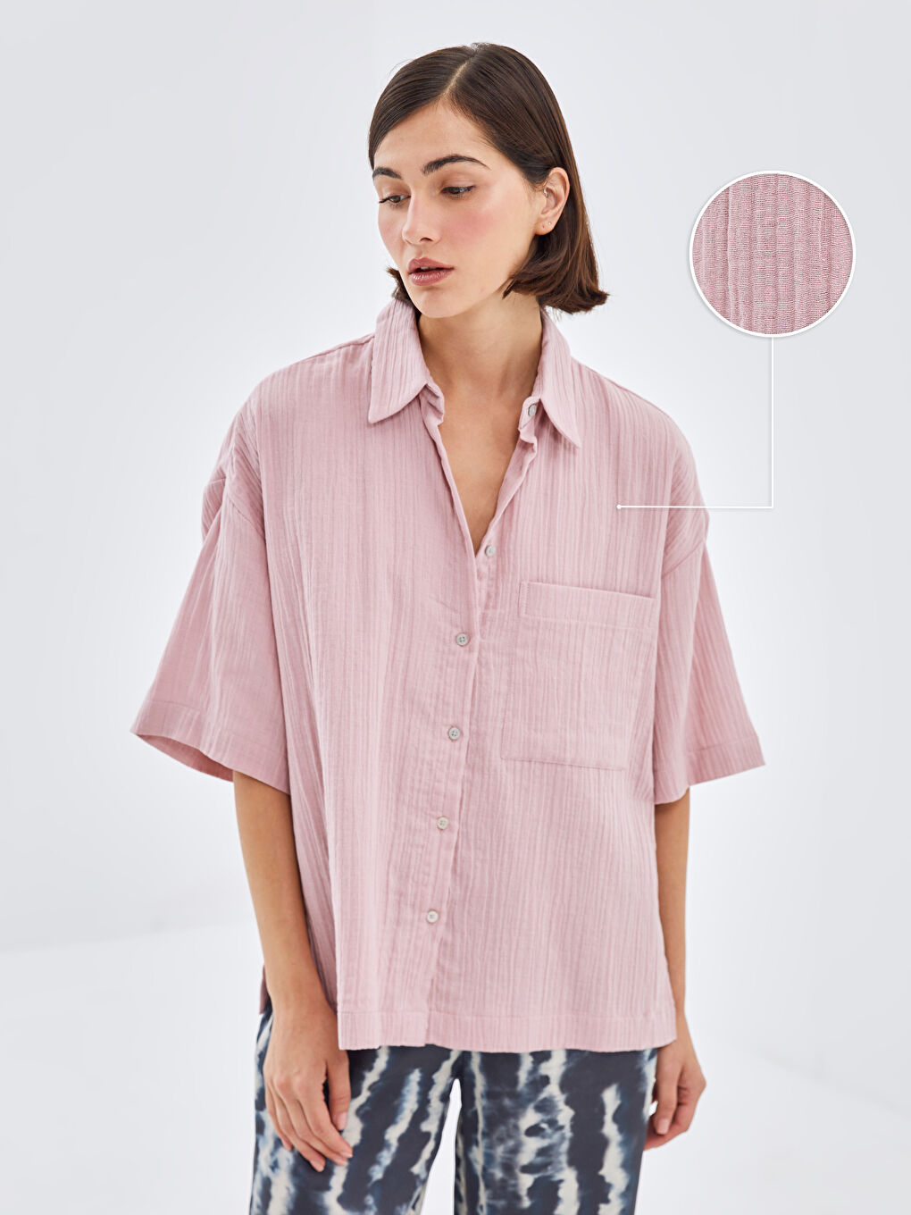 Plain Short Sleeve Oversize Muslin Women's Shirt -S4G174Z8-LYY