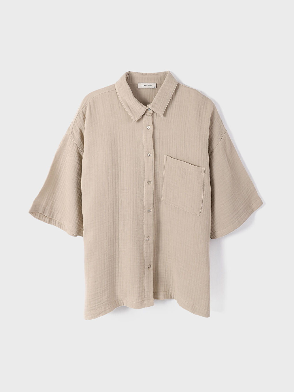 Bej Önden Düğme Kapamalı Düz Cep Detaylı Kısa Kollu Kadın Gömlek