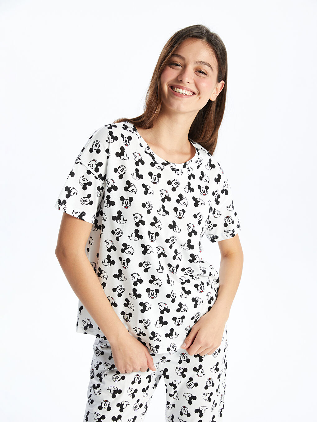 LCW DREAM Crew Neck Mickey Mouse Printed Short Sleeve Women's Pyjamas Set -S4G199Z8-LRA