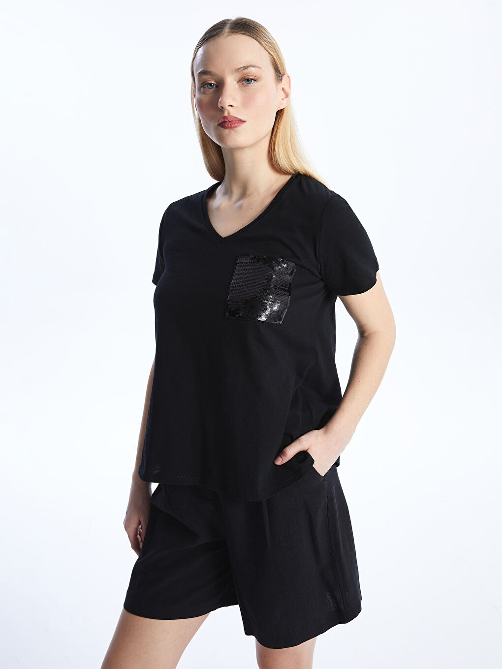V-Neck Sequined Short Sleeve Women's T-Shirt -S4G204Z8-CVL