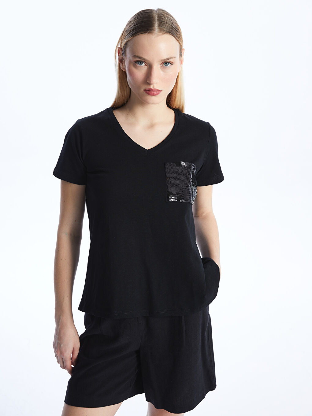 V-Neck Sequined Short Sleeve Women's T-Shirt -S4G204Z8-CVL