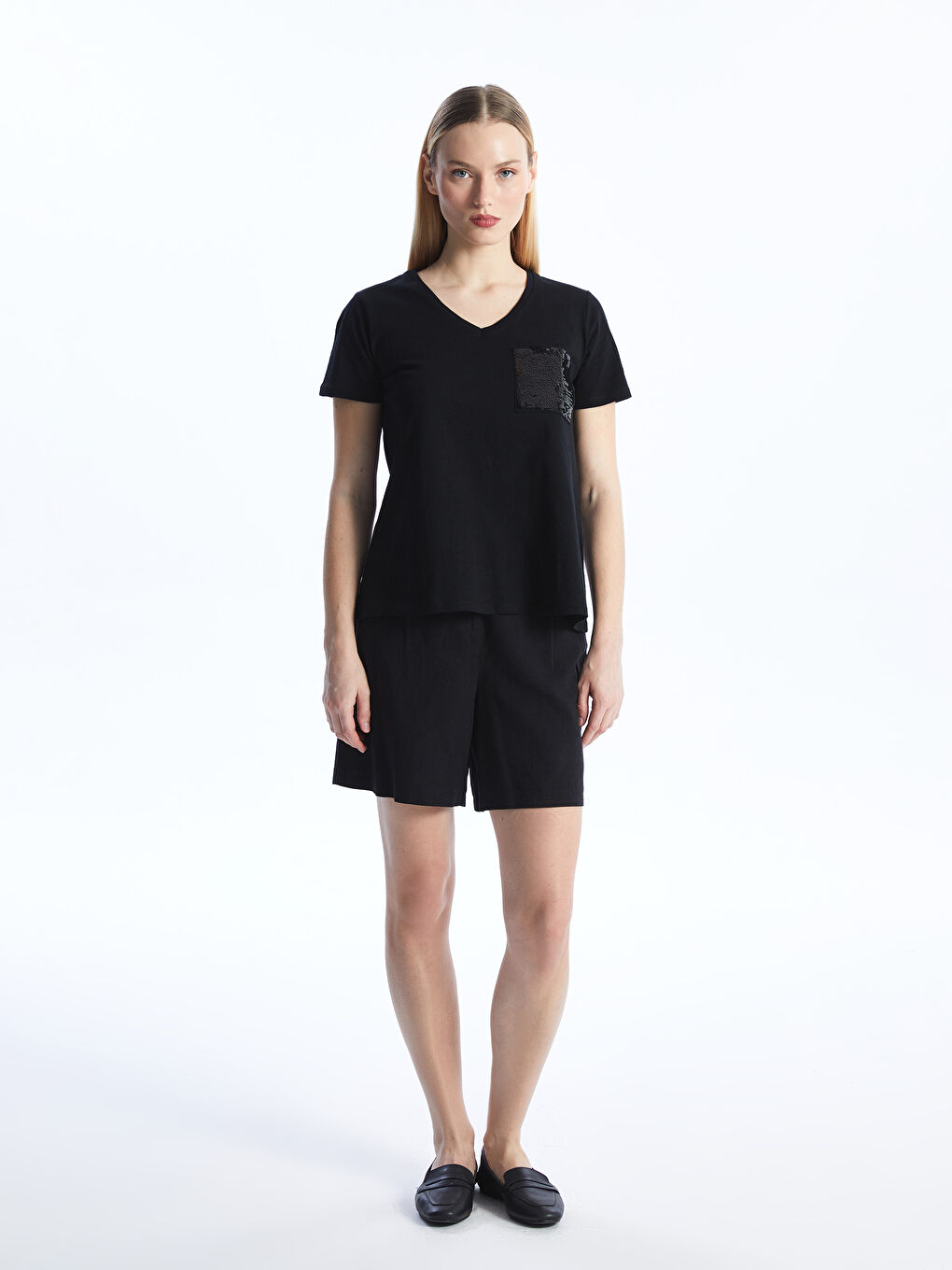 V-Neck Sequined Short Sleeve Women's T-Shirt -S4G204Z8-CVL