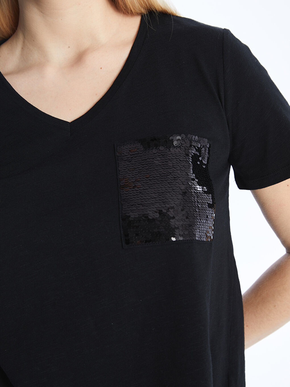 V-Neck Sequined Short Sleeve Women's T-Shirt -S4G204Z8-CVL