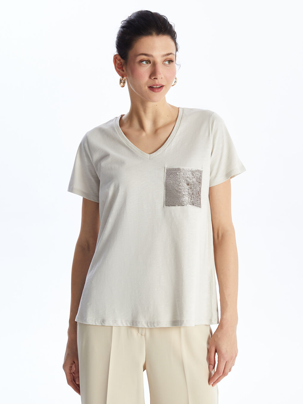 V-Neck Sequined Short Sleeve Women's T-Shirt -S4G204Z8-FXP