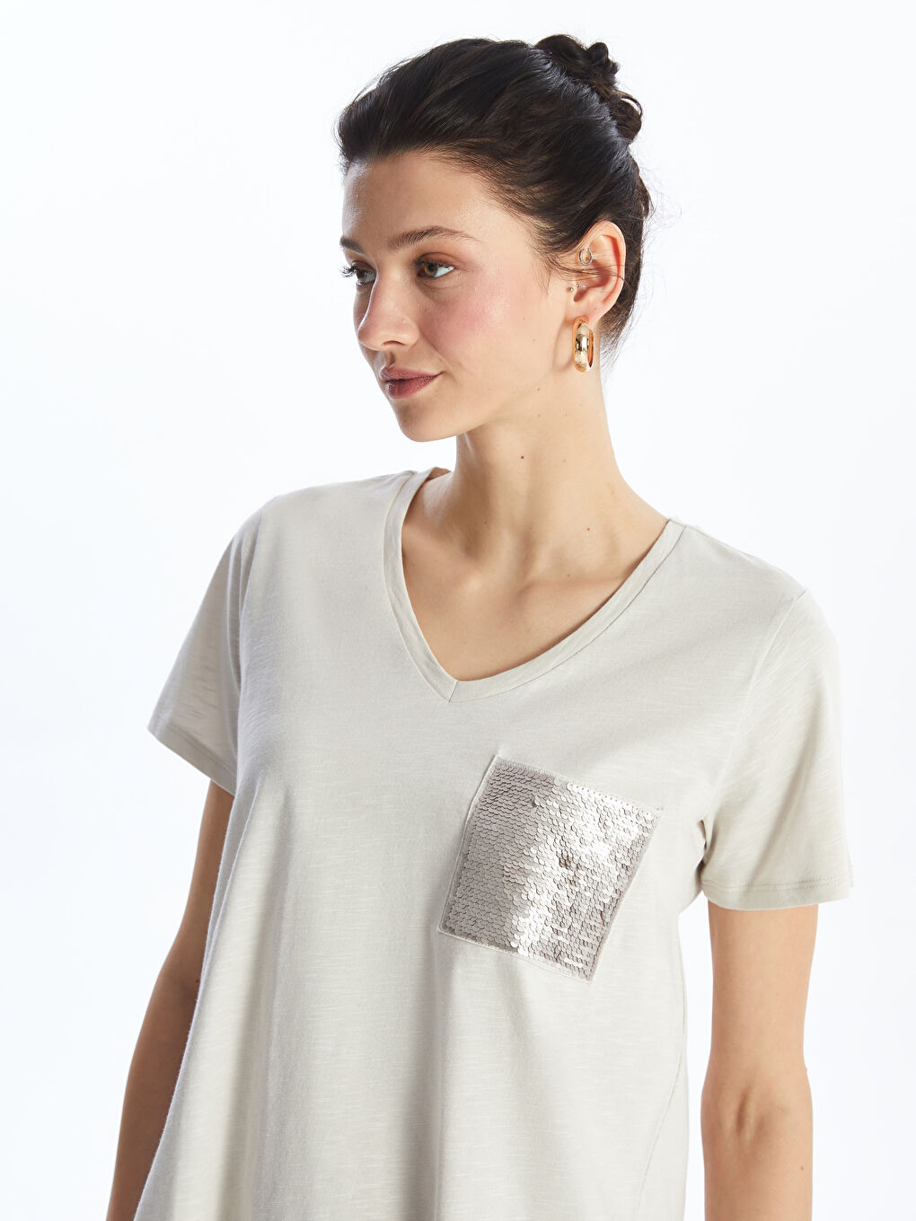V-Neck Sequined Short Sleeve Women's T-Shirt -S4G204Z8-FXP