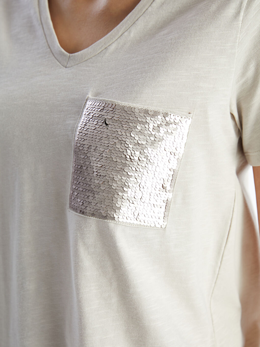 V-Neck Sequined Short Sleeve Women's T-Shirt -S4G204Z8-FXP