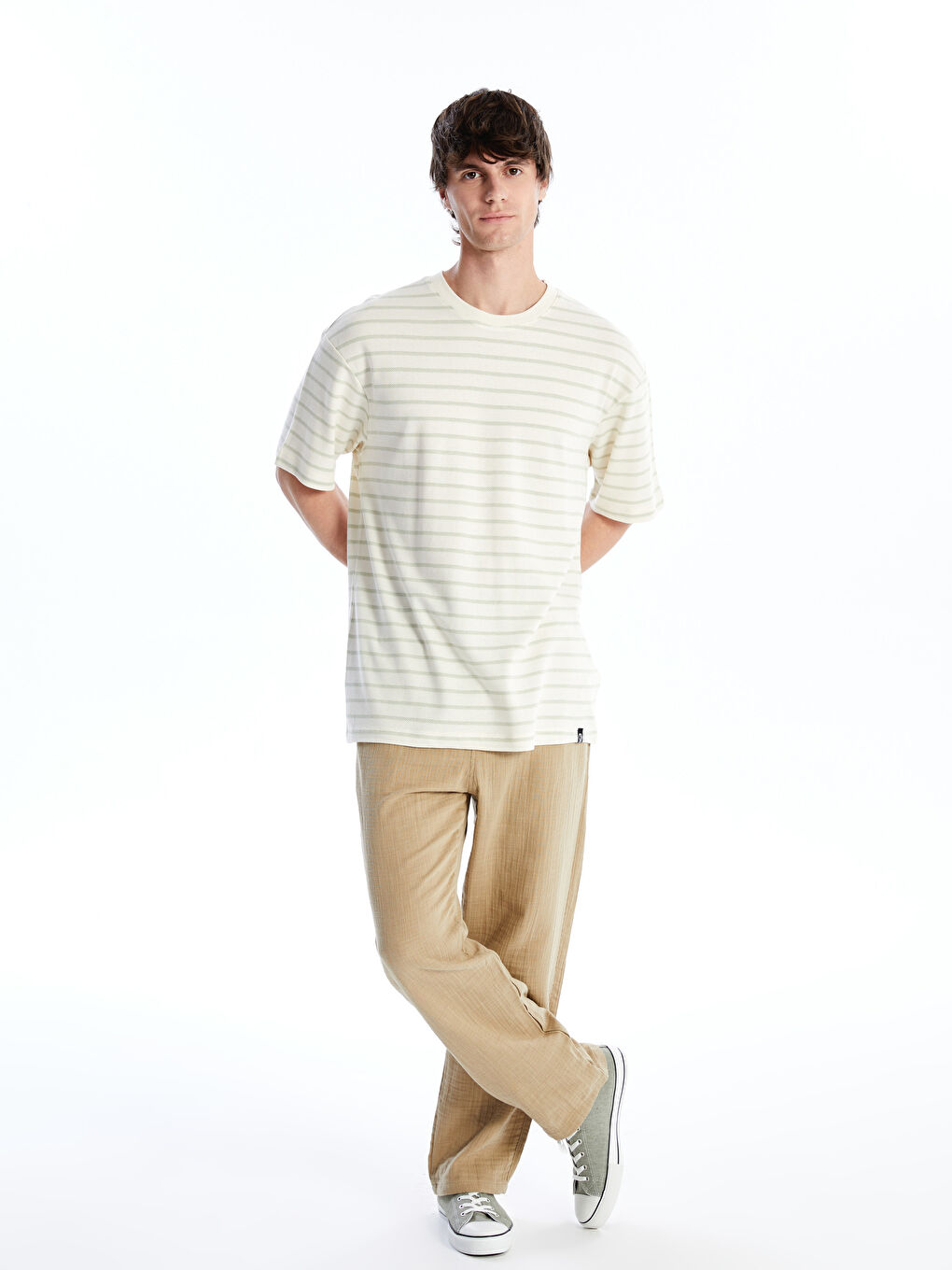 Crew Neck Short Sleeve Striped Combed Cotton Men's T-shirt -S4G289Z8-LFT