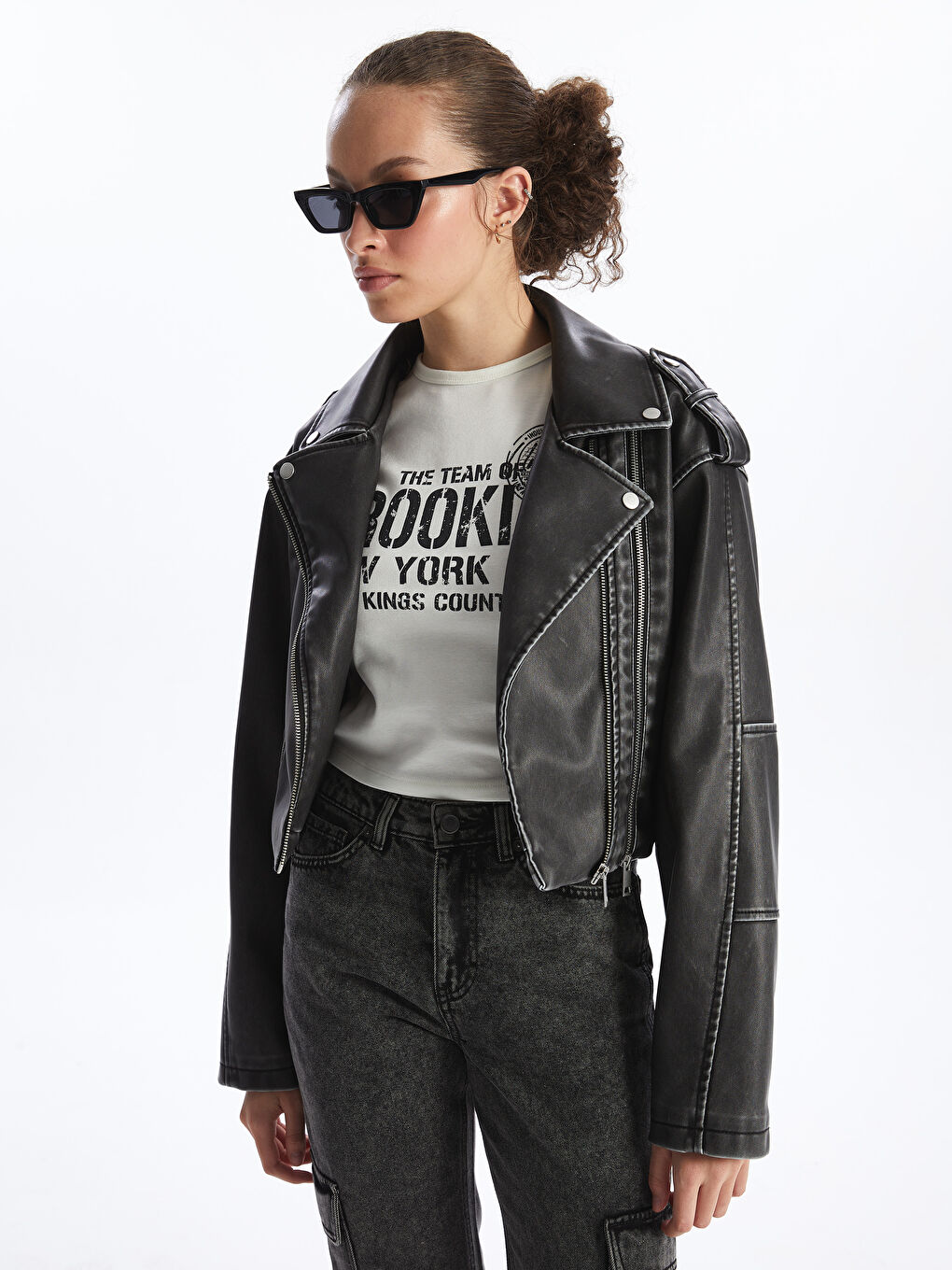 Women's Biker Neck Plain Faux Leather Jacket -S4G366Z8-CVL