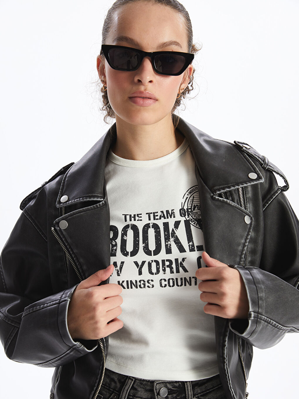 Women's Biker Neck Plain Faux Leather Jacket -S4G366Z8-CVL