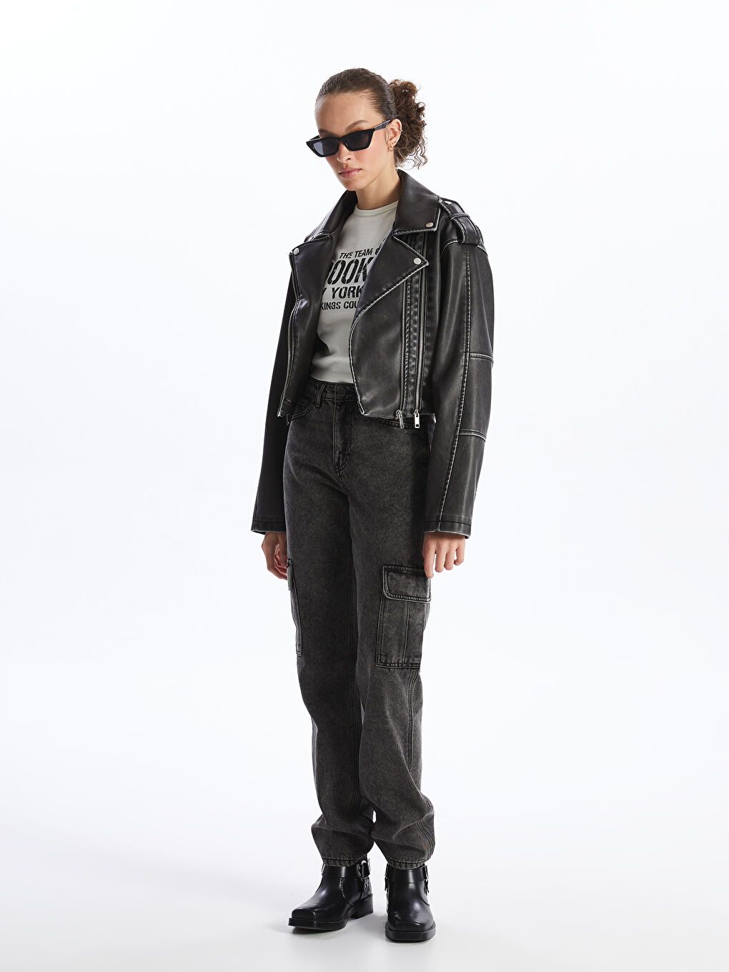 Women's Biker Neck Plain Faux Leather Jacket -S4G366Z8-CVL