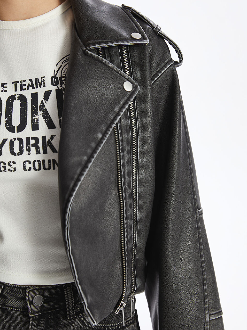 Women's Biker Neck Plain Faux Leather Jacket -S4G366Z8-CVL