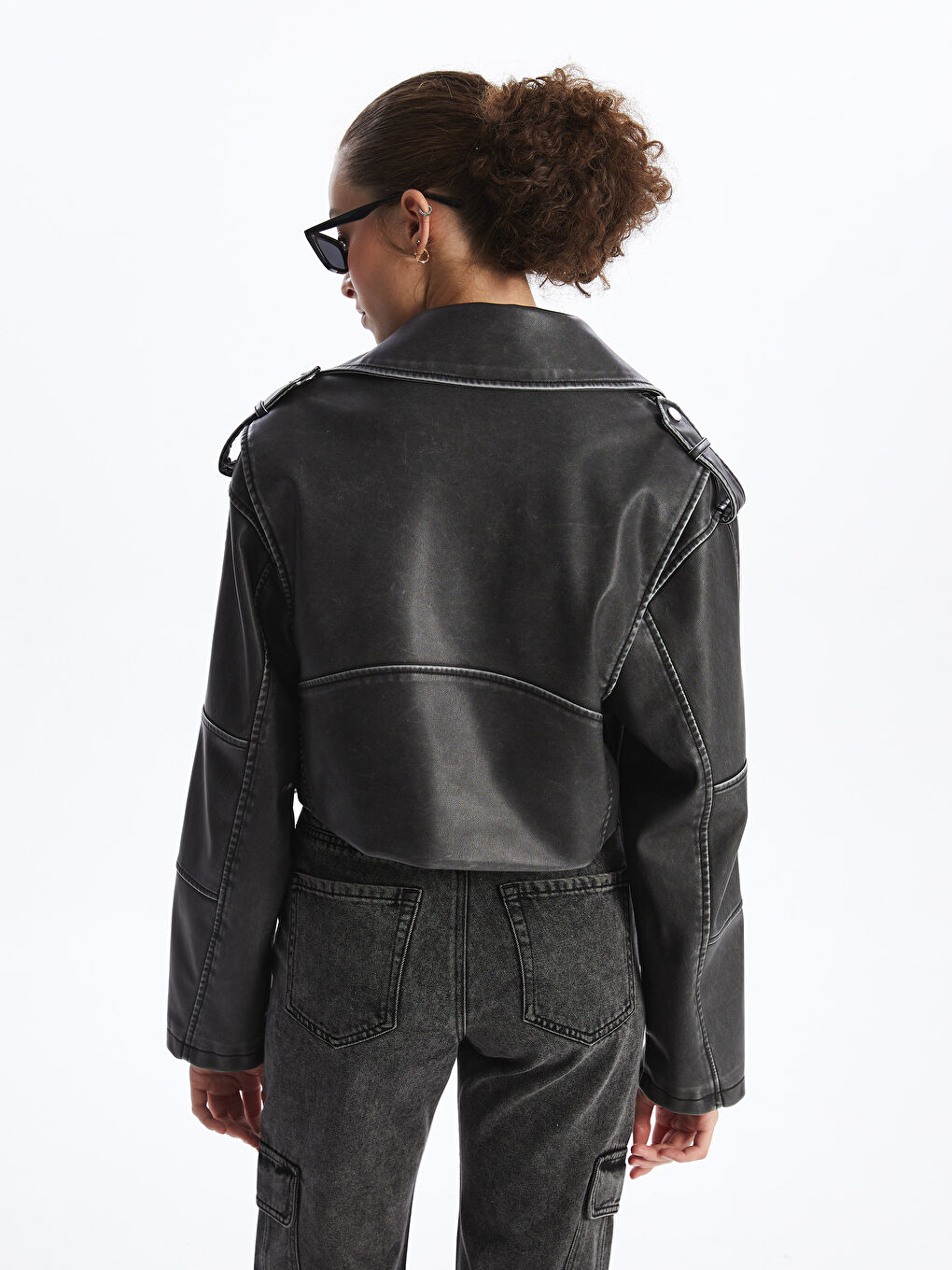 Women's Biker Neck Plain Faux Leather Jacket -S4G366Z8-CVL