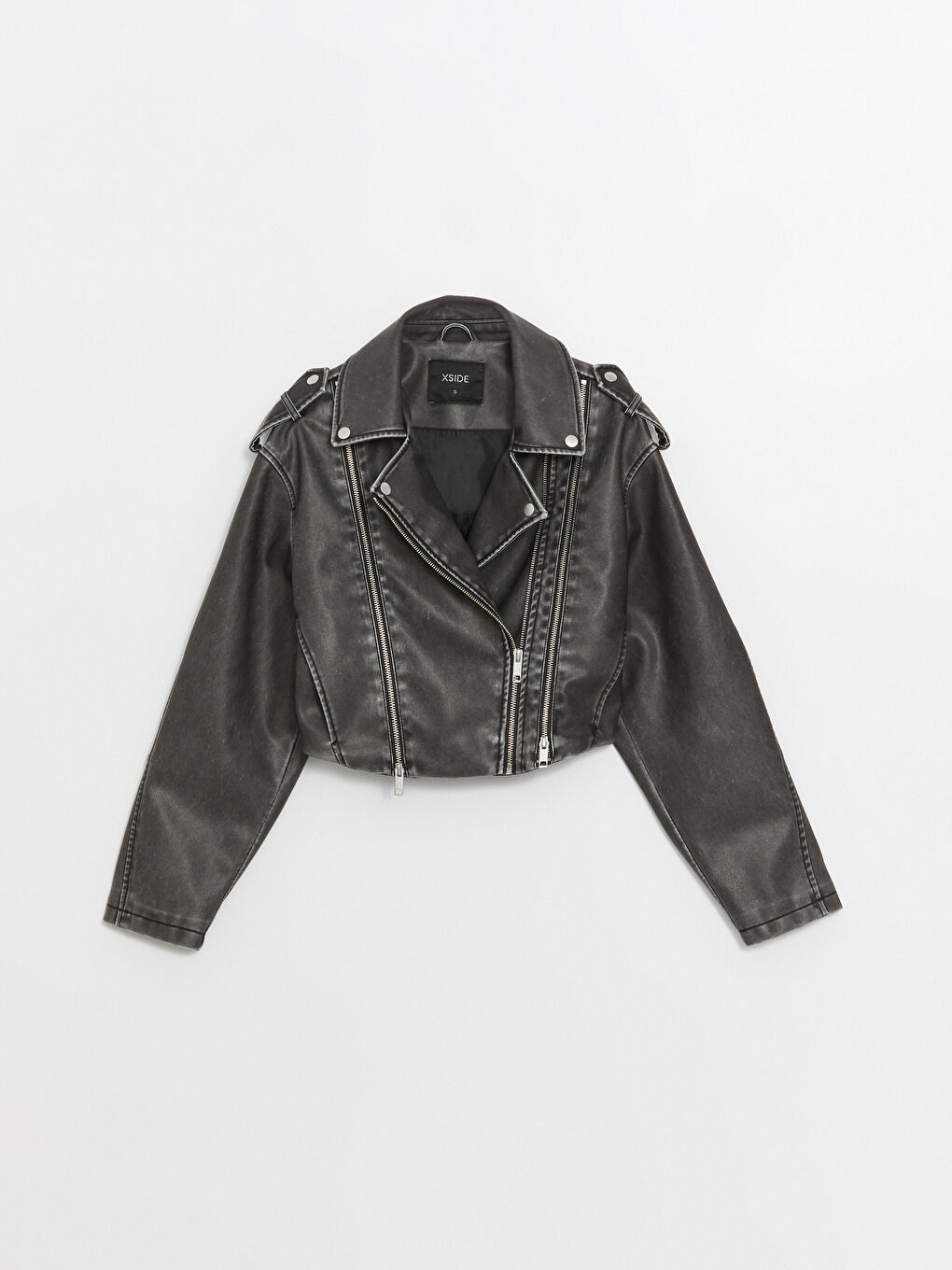 Women's Biker Neck Plain Faux Leather Jacket -S4G366Z8-CVL