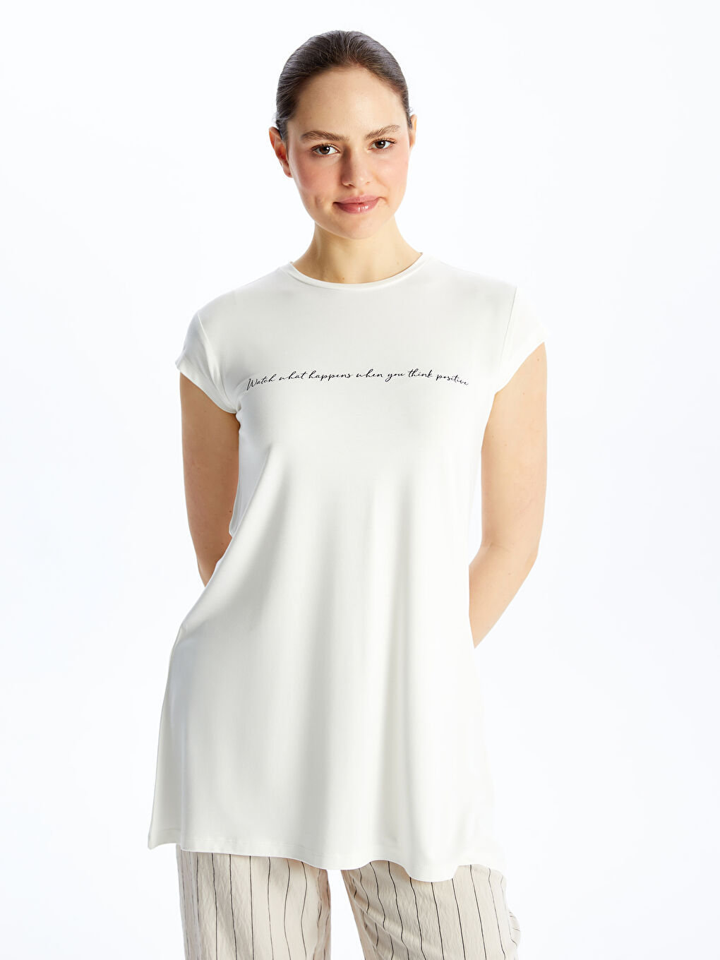 LCW Modest Crew Neck Printed Short Sleeve Women's Tunic -S4G450Z8-EEW