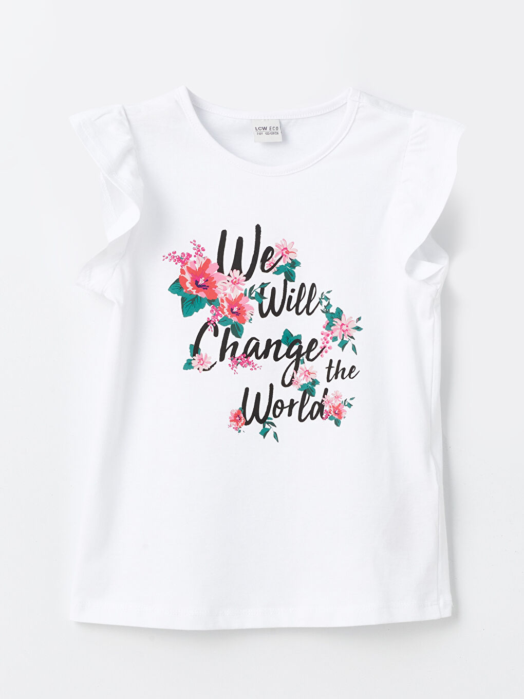 Beyaz Bisiklet Yaka Baskılı Kısa Kollu Kız Çocuk Tişört