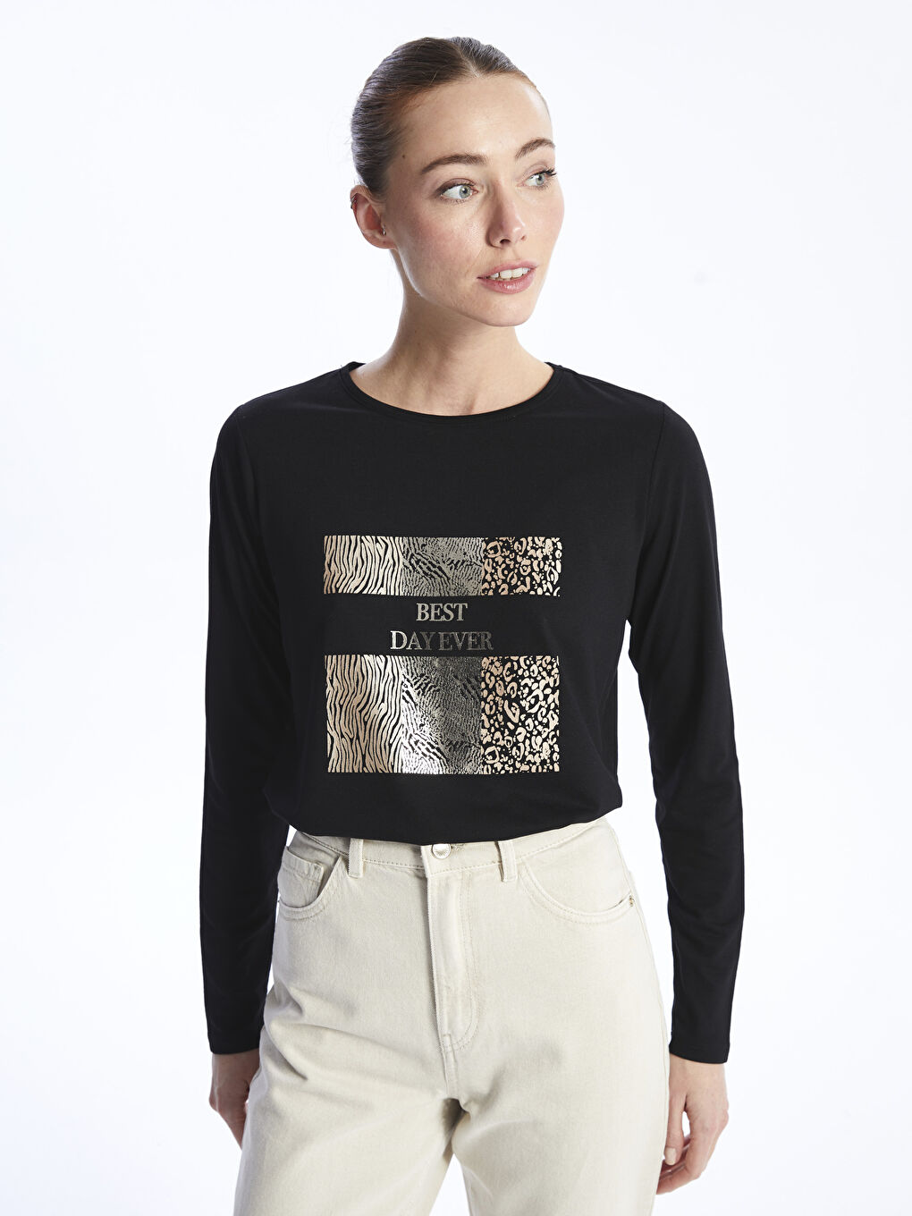 Crew Neck Printed Long Sleeve Women's T-shirt -S4G525Z8-CVL