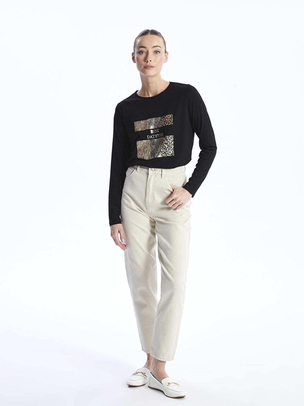 Crew Neck Printed Long Sleeve Women's T-shirt -S4G525Z8-CVL