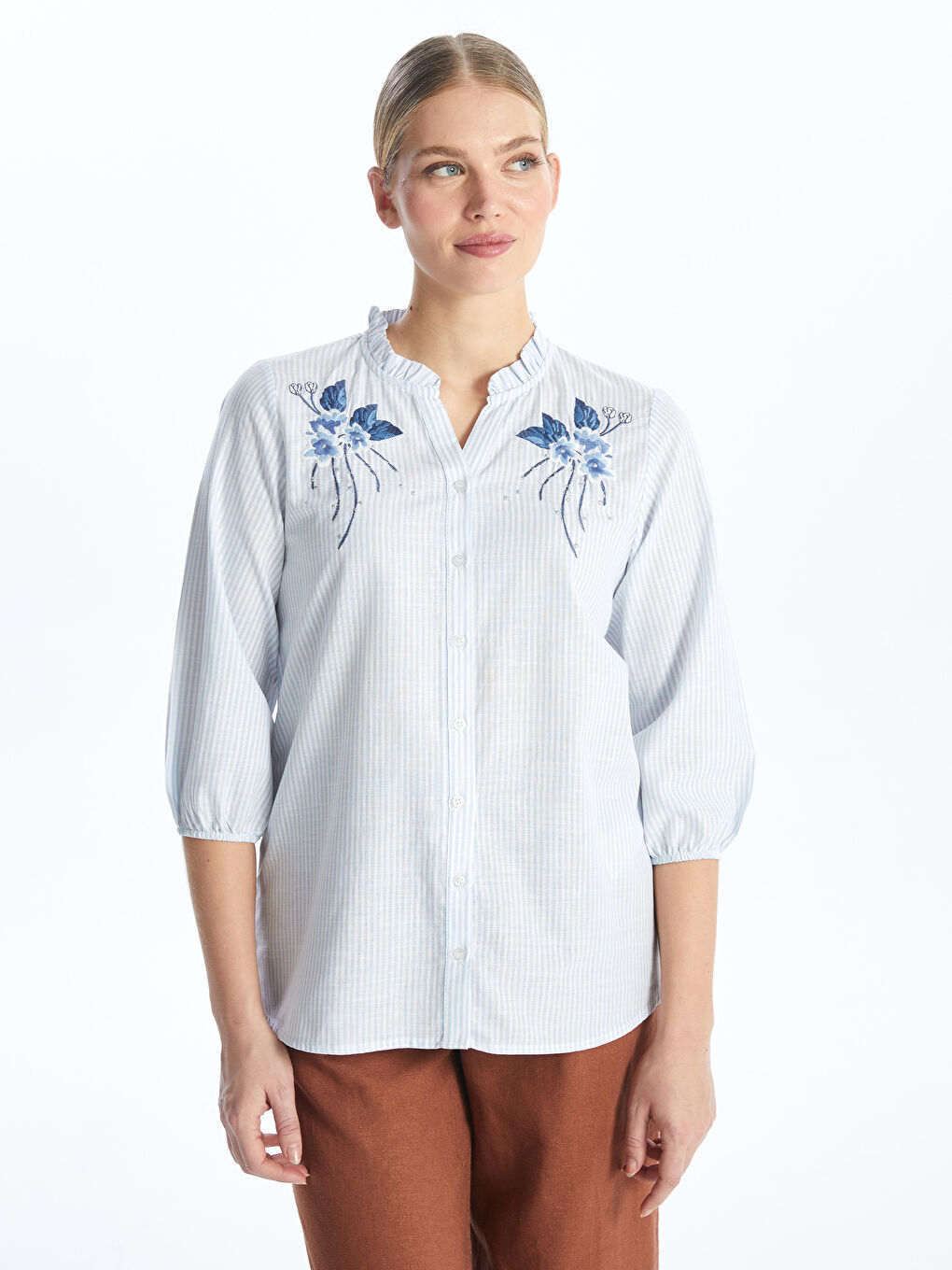 Henley Neckline Embroidered Women's Shirt -S4G550Z8-LEH