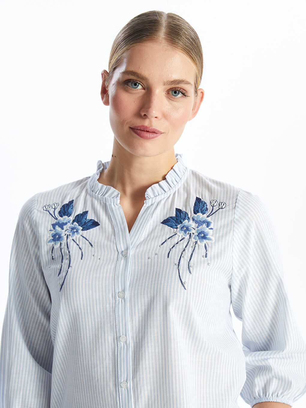 Henley Neckline Embroidered Women's Shirt -S4G550Z8-LEH