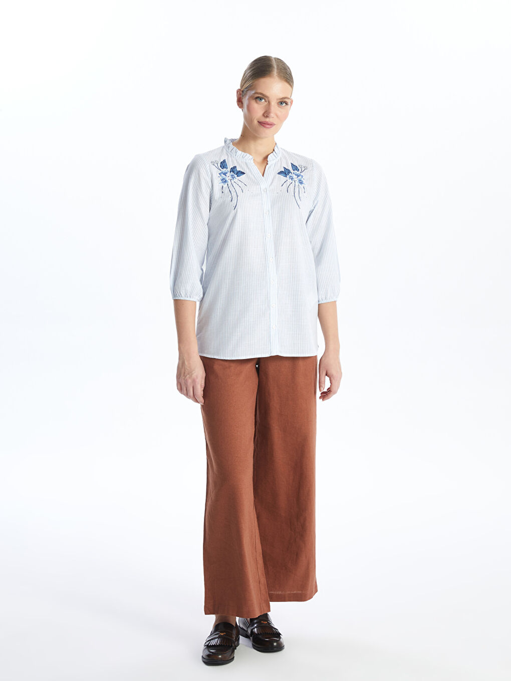Henley Neckline Embroidered Women's Shirt -S4G550Z8-LEH