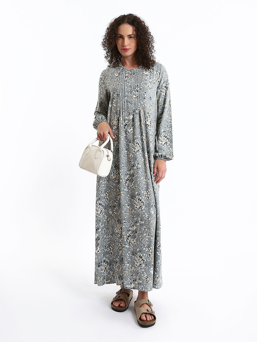 فستان نساء بكم طويل وكول مدور زهري-2