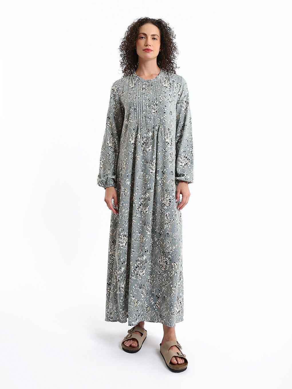 فستان نساء بكم طويل وكول مدور زهري-1