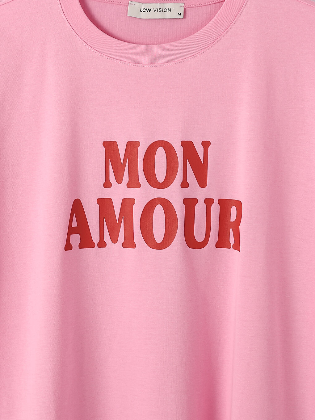 تيشيرت مطبوع بياقة دائرية وكم قصير للسيدات-1