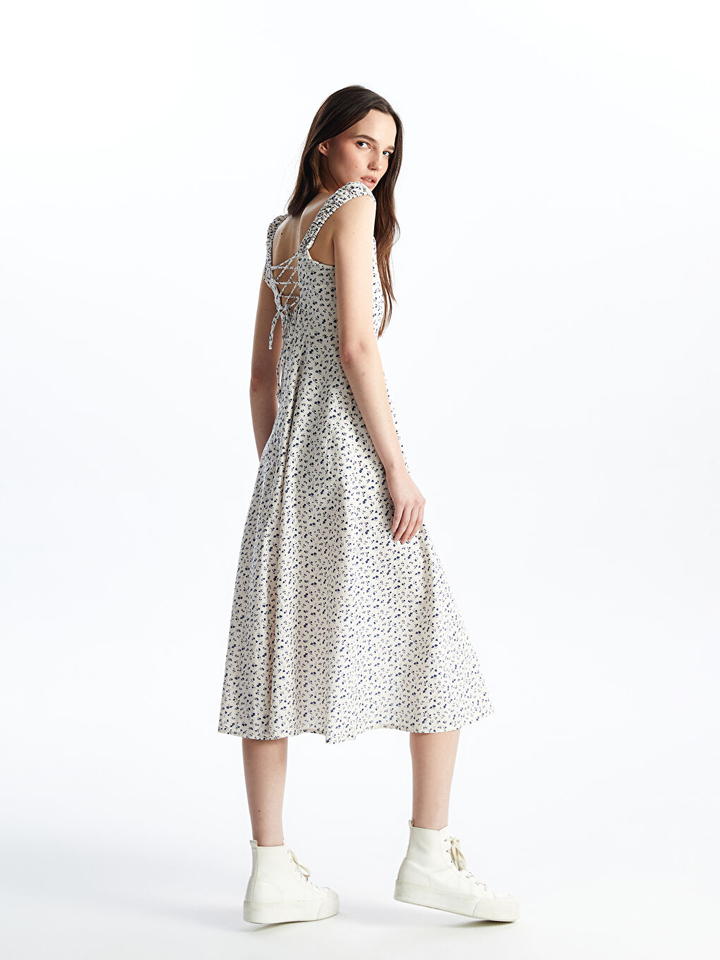 Square Collar Floral Linen Blend Women's Dress -S4G864Z8-LRA