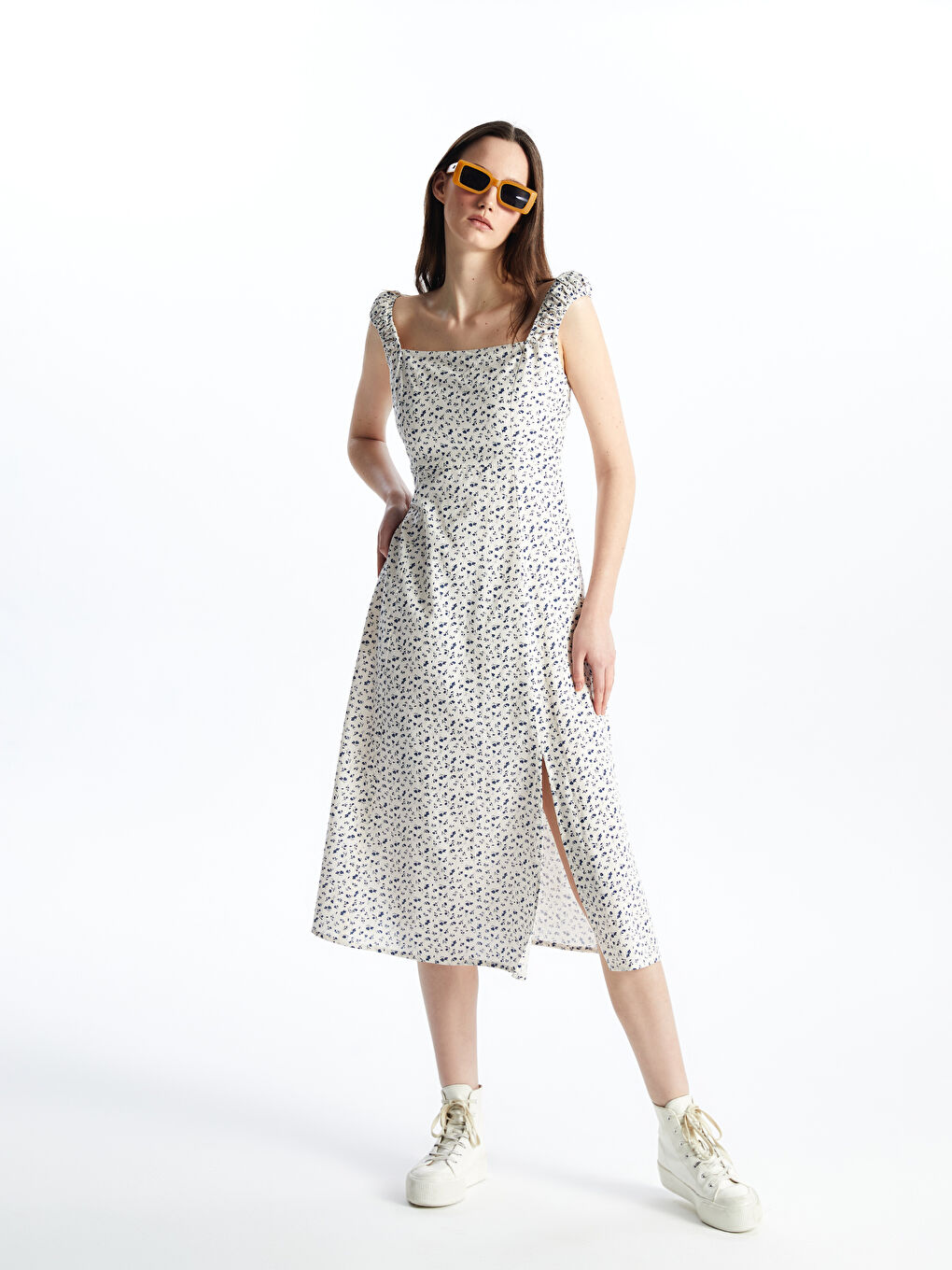 Square Collar Floral Linen Blend Women's Dress -S4G864Z8-LRA