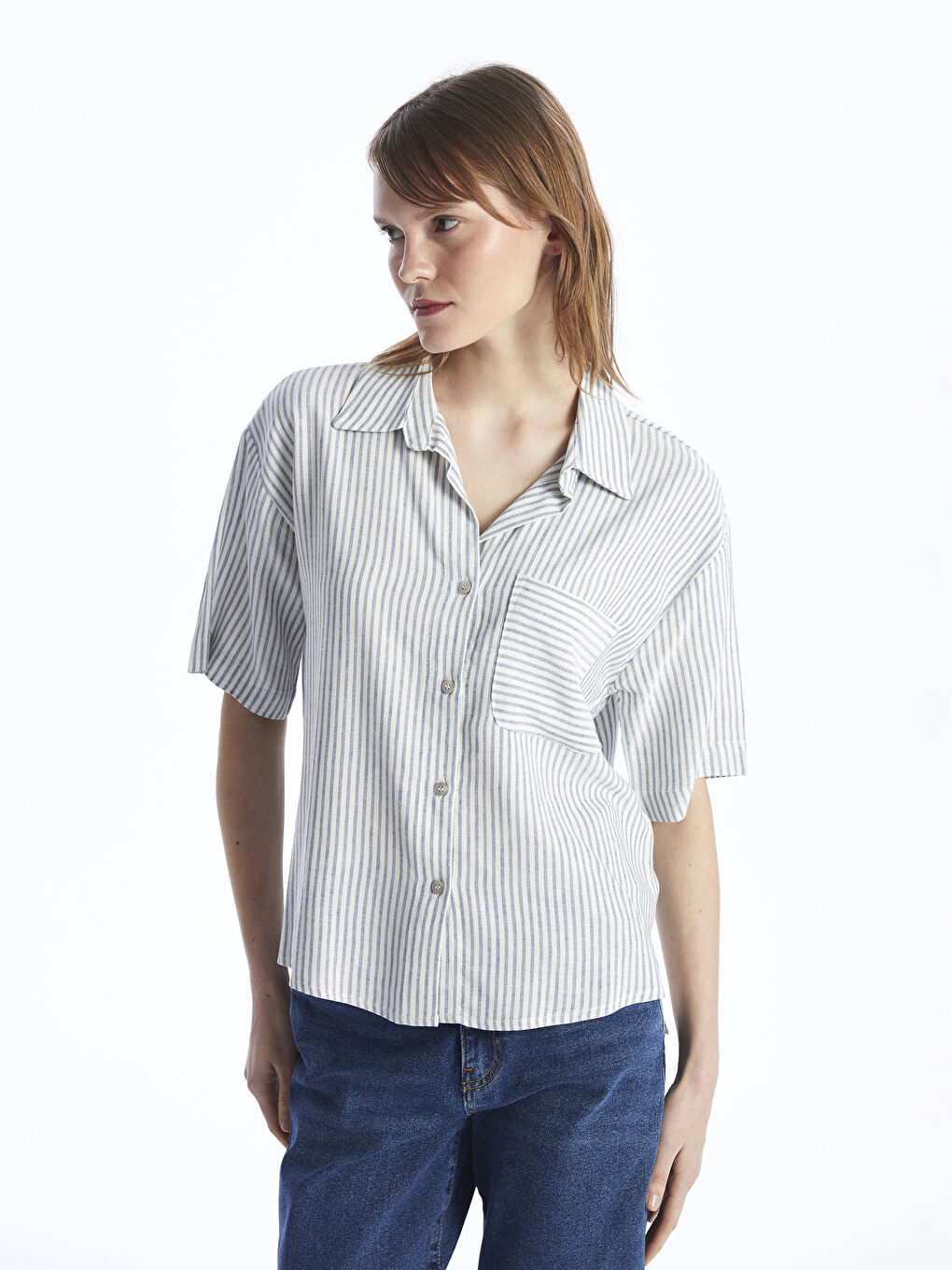 Striped Short Sleeve Linen Blend Women's Shirt -S4G918Z8-LGS