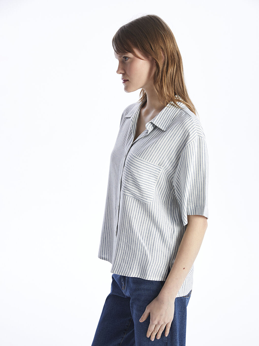 Striped Short Sleeve Linen Blend Women's Shirt -S4G918Z8-LGS