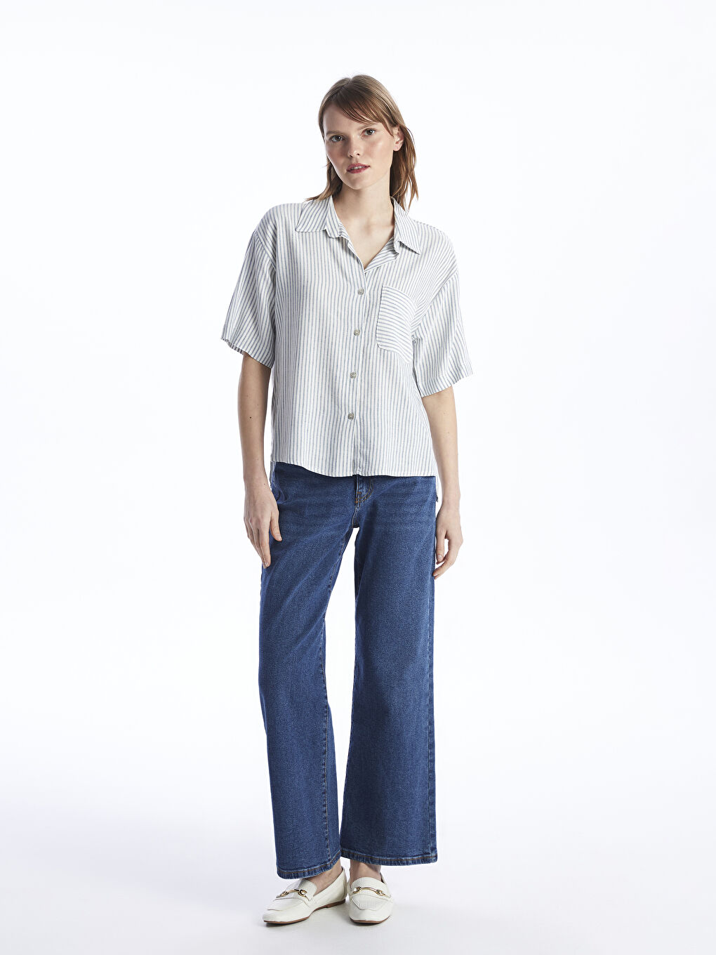 Striped Short Sleeve Linen Blend Women's Shirt -S4G918Z8-LGS