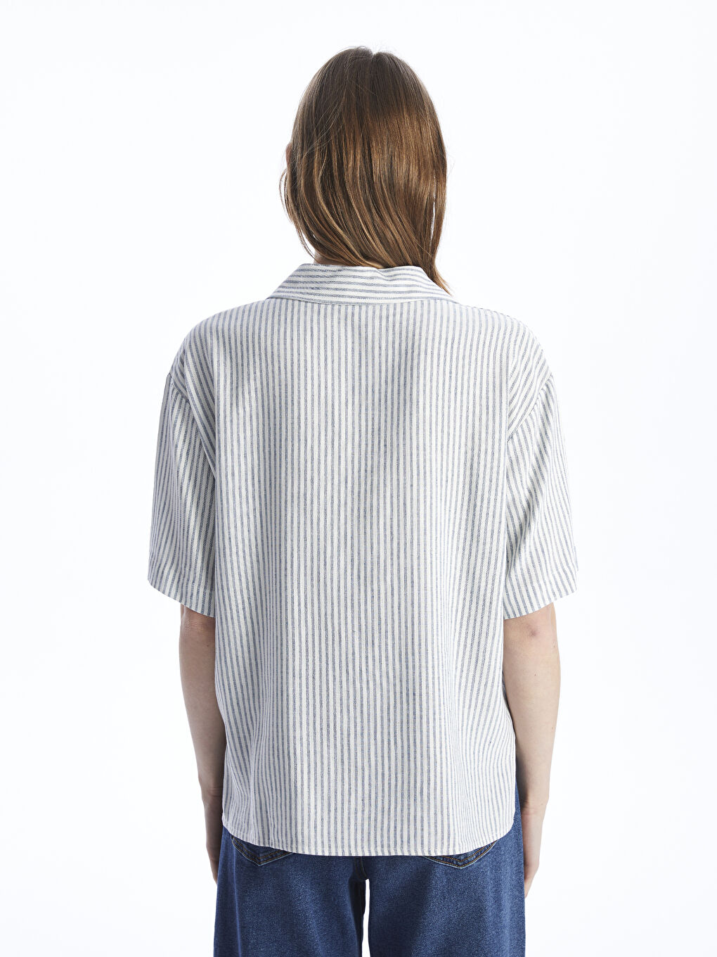 Striped Short Sleeve Linen Blend Women's Shirt -S4G918Z8-LGS