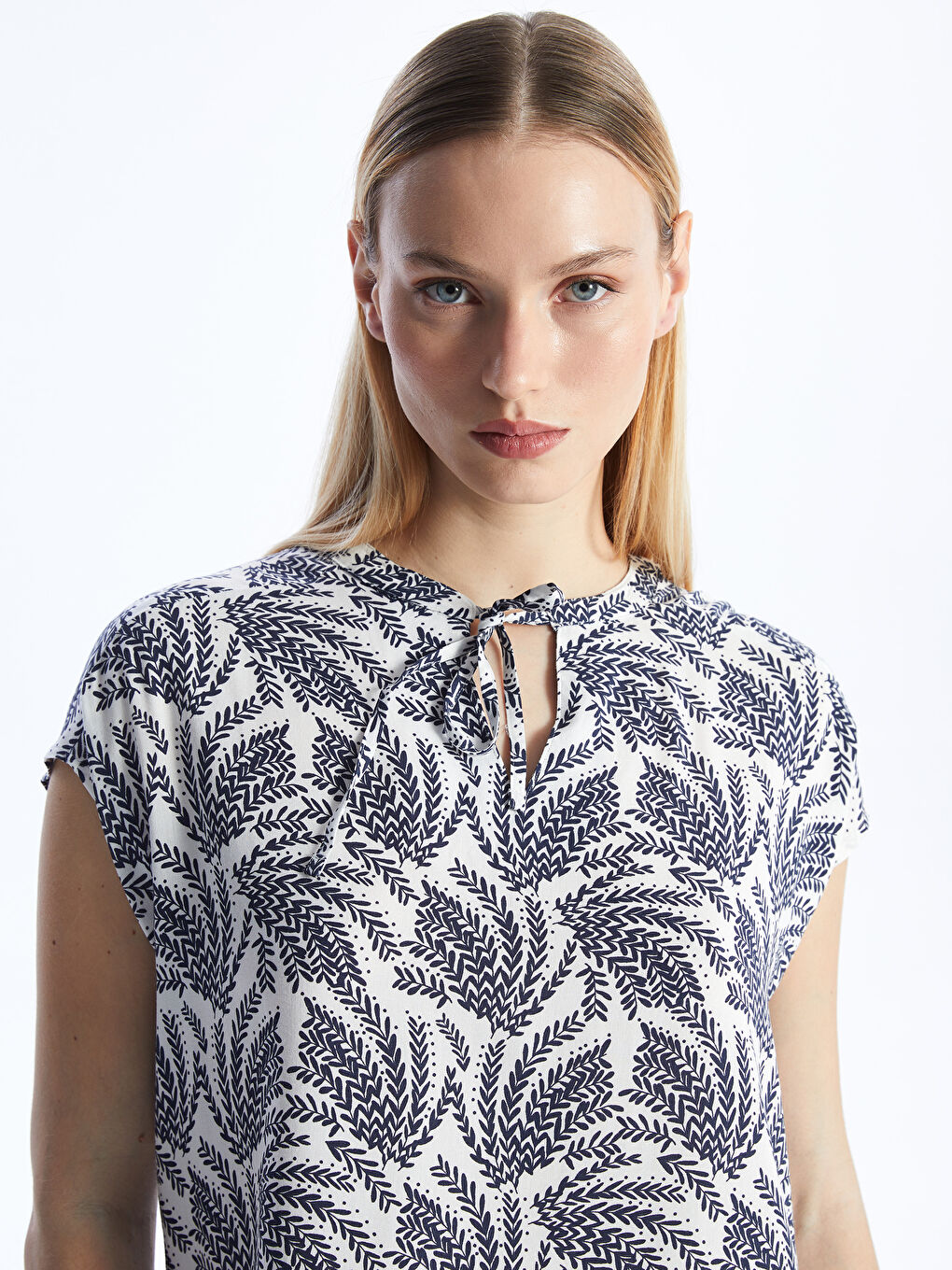 Tie Neck Patterned Short Sleeve Women's Blouse -S4GA87Z8-LSH