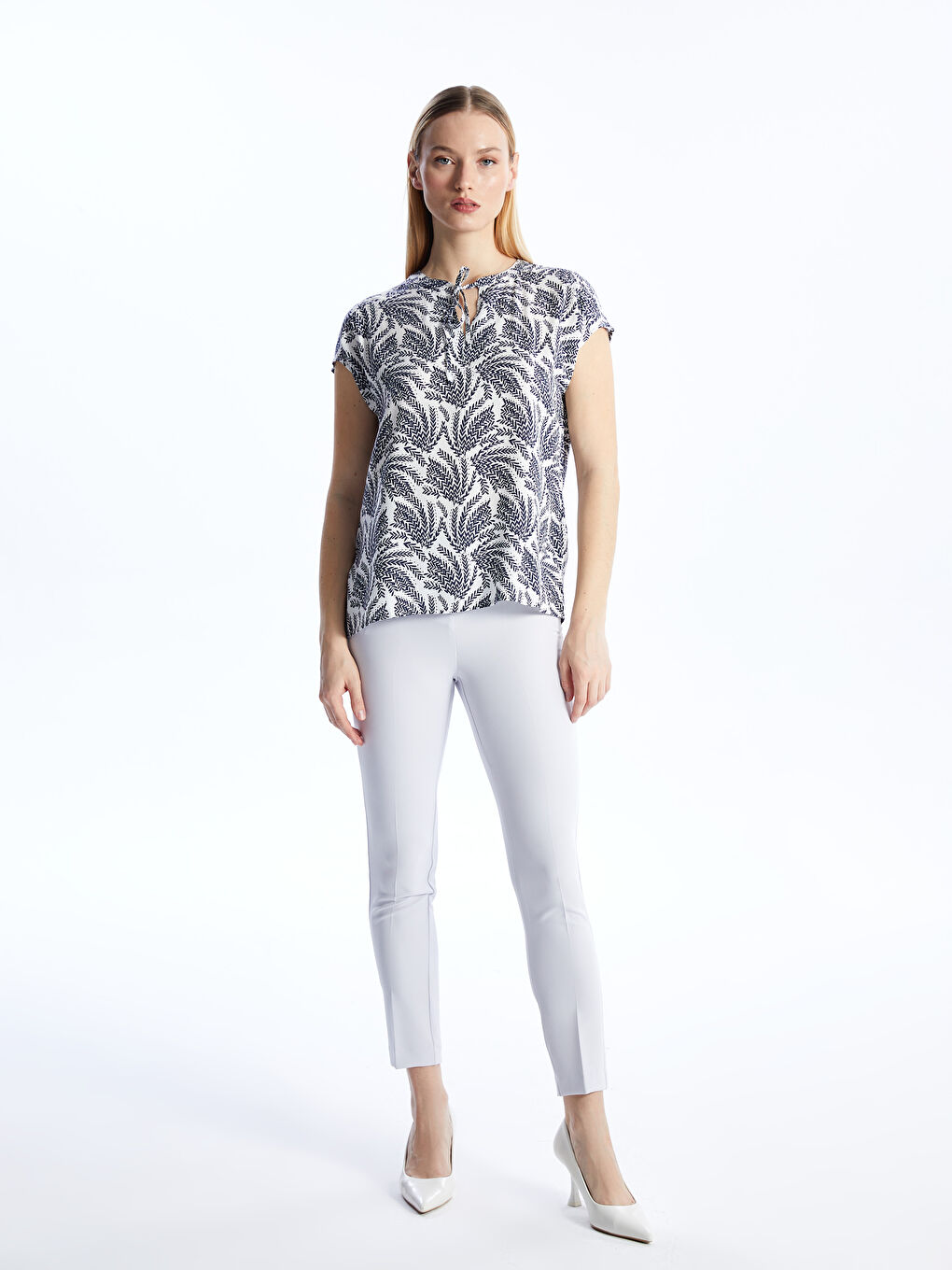 Tie Neck Patterned Short Sleeve Women's Blouse -S4GA87Z8-LSH