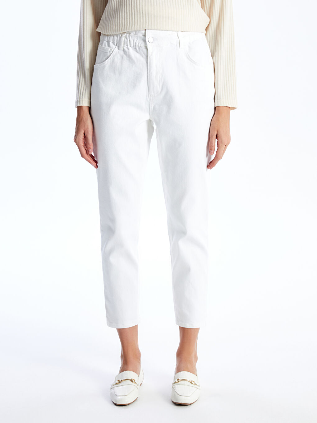 Beyaz Beli Lastikli Carrot Fit Kadın Jean Pantolon-2