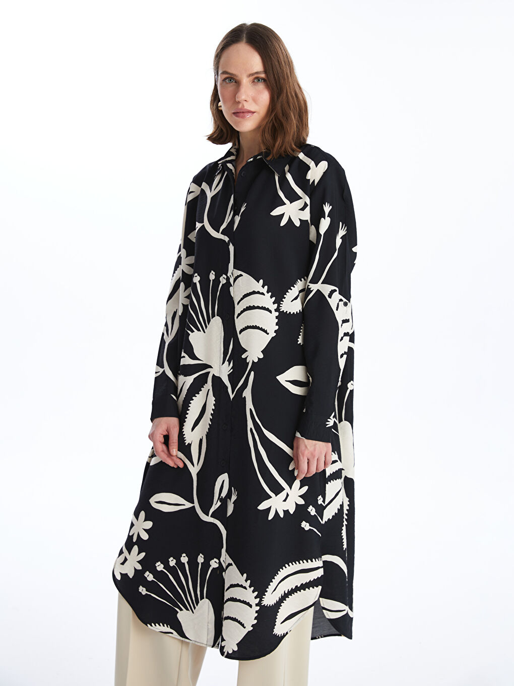 قميص تونيك للسيدات أوفراسايز منقوش-2