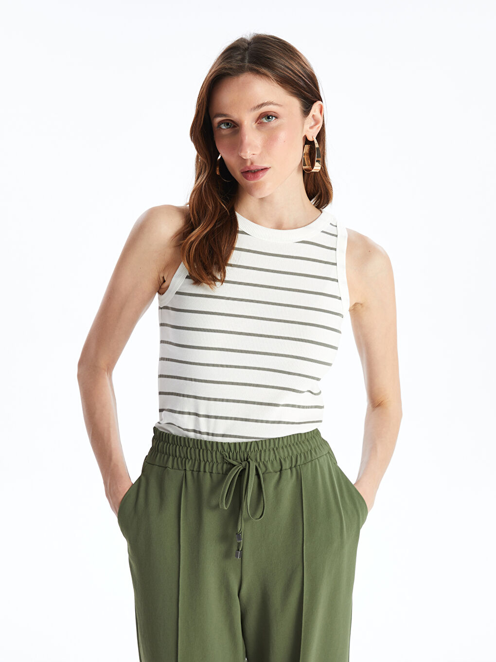 Haki Bisiklet Yaka Çizgili Kadın Atlet