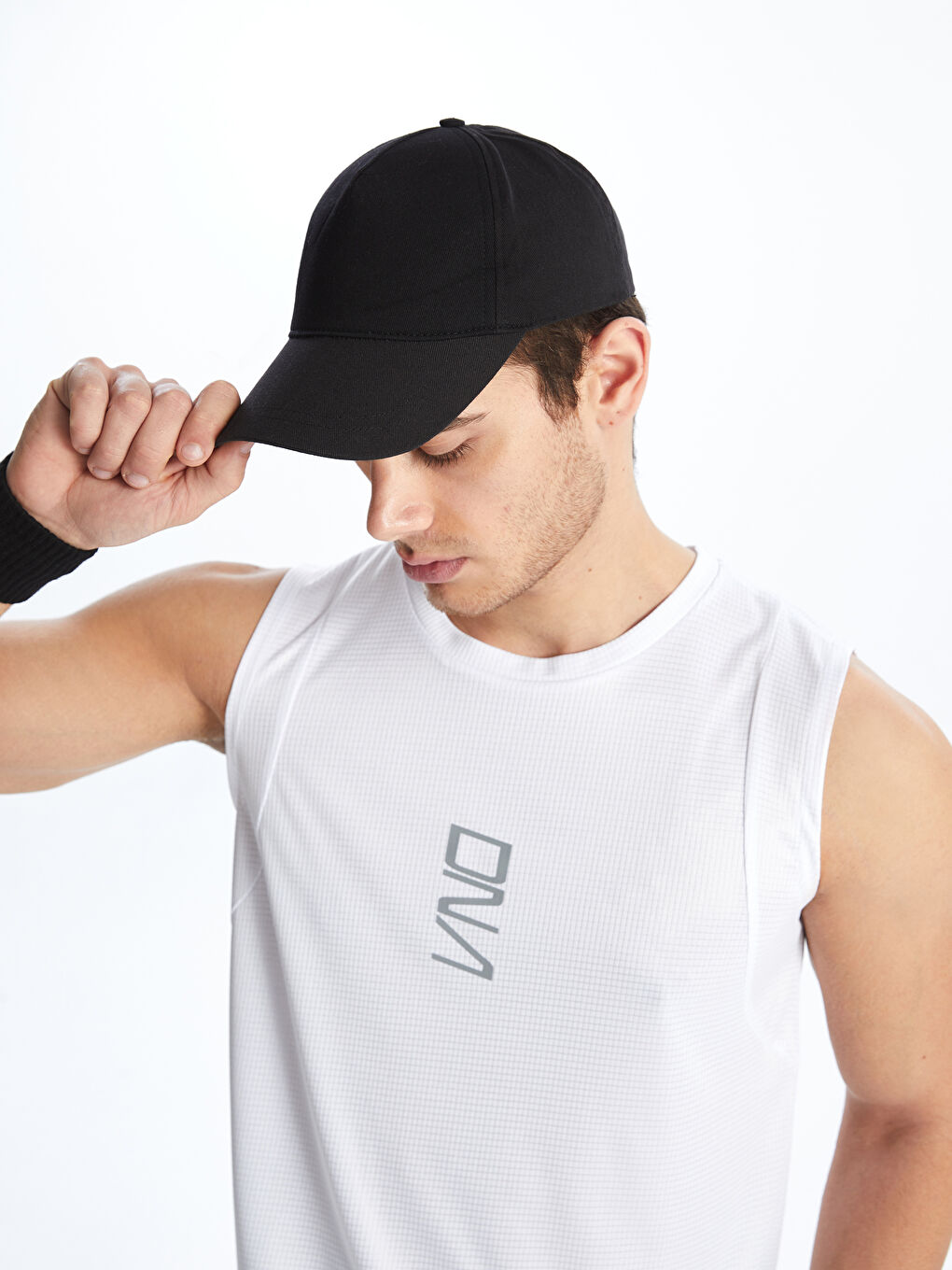 Beyaz Bisiklet Yaka Baskılı Erkek Kolsuz Tişört