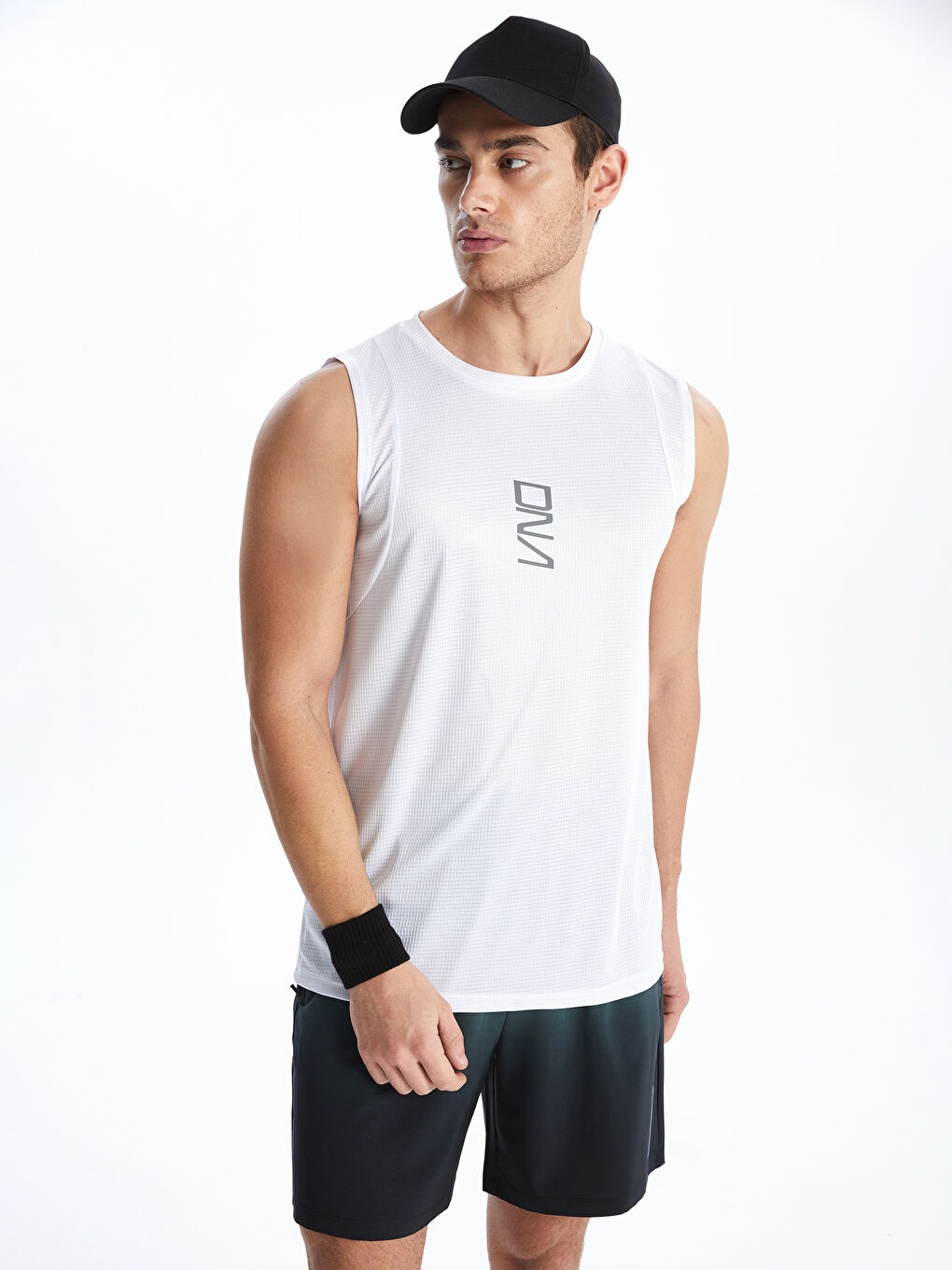 Beyaz Bisiklet Yaka Baskılı Erkek Kolsuz Tişört-1