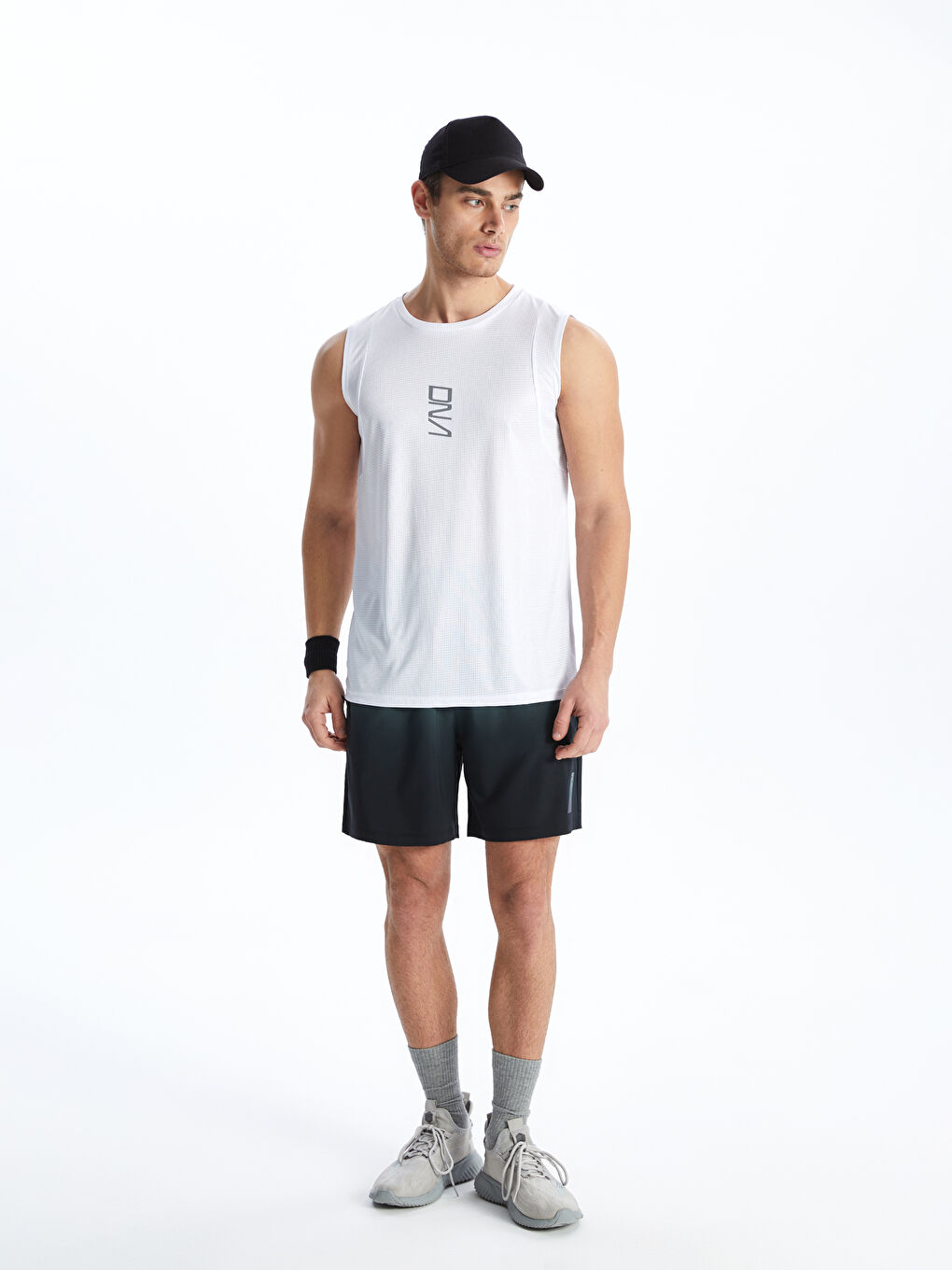 Beyaz Bisiklet Yaka Baskılı Erkek Kolsuz Tişört-2