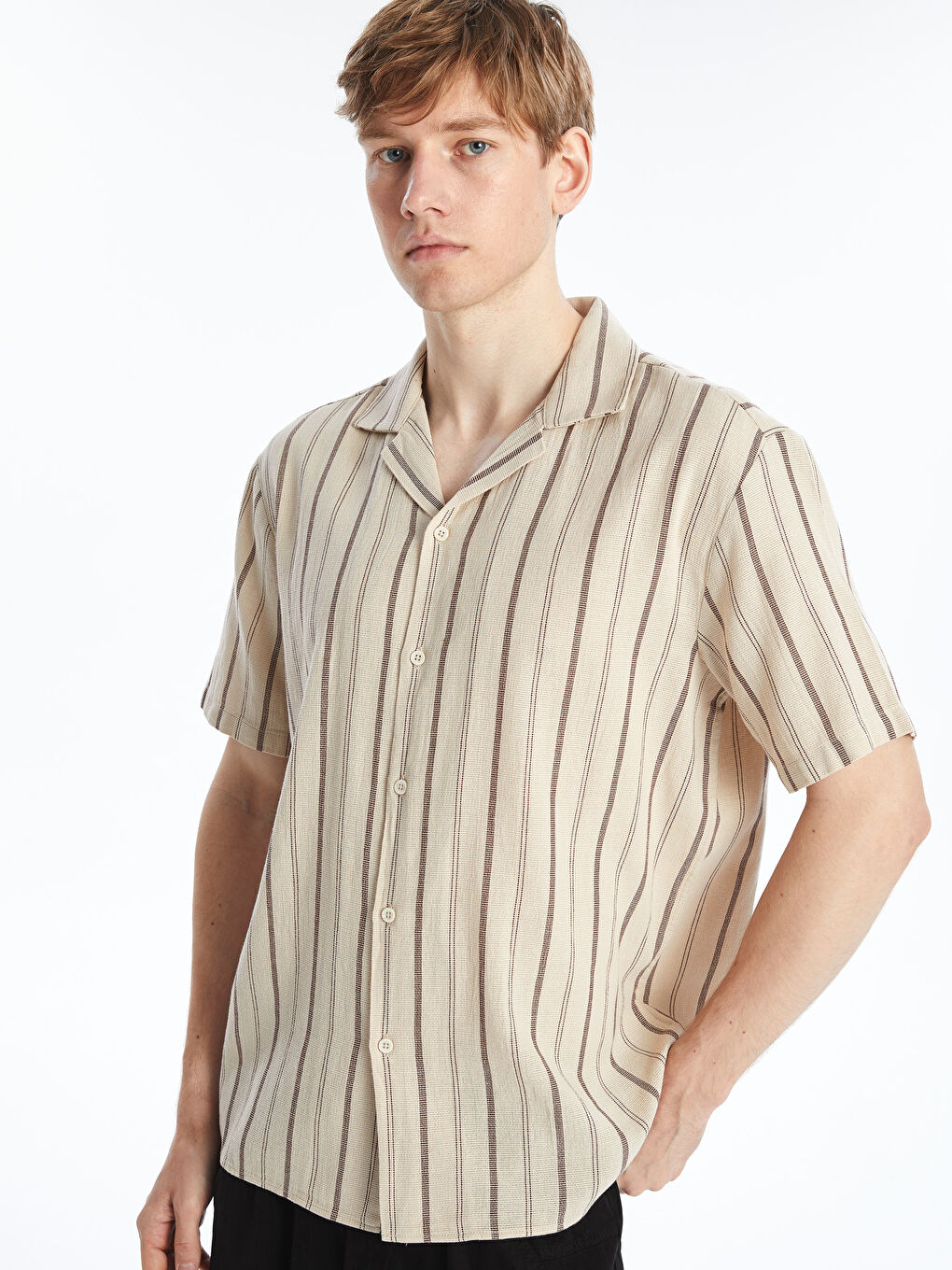 Regular Fit Short Sleeve Striped Poplin Men's Shirt -S4GC06Z8-LEW