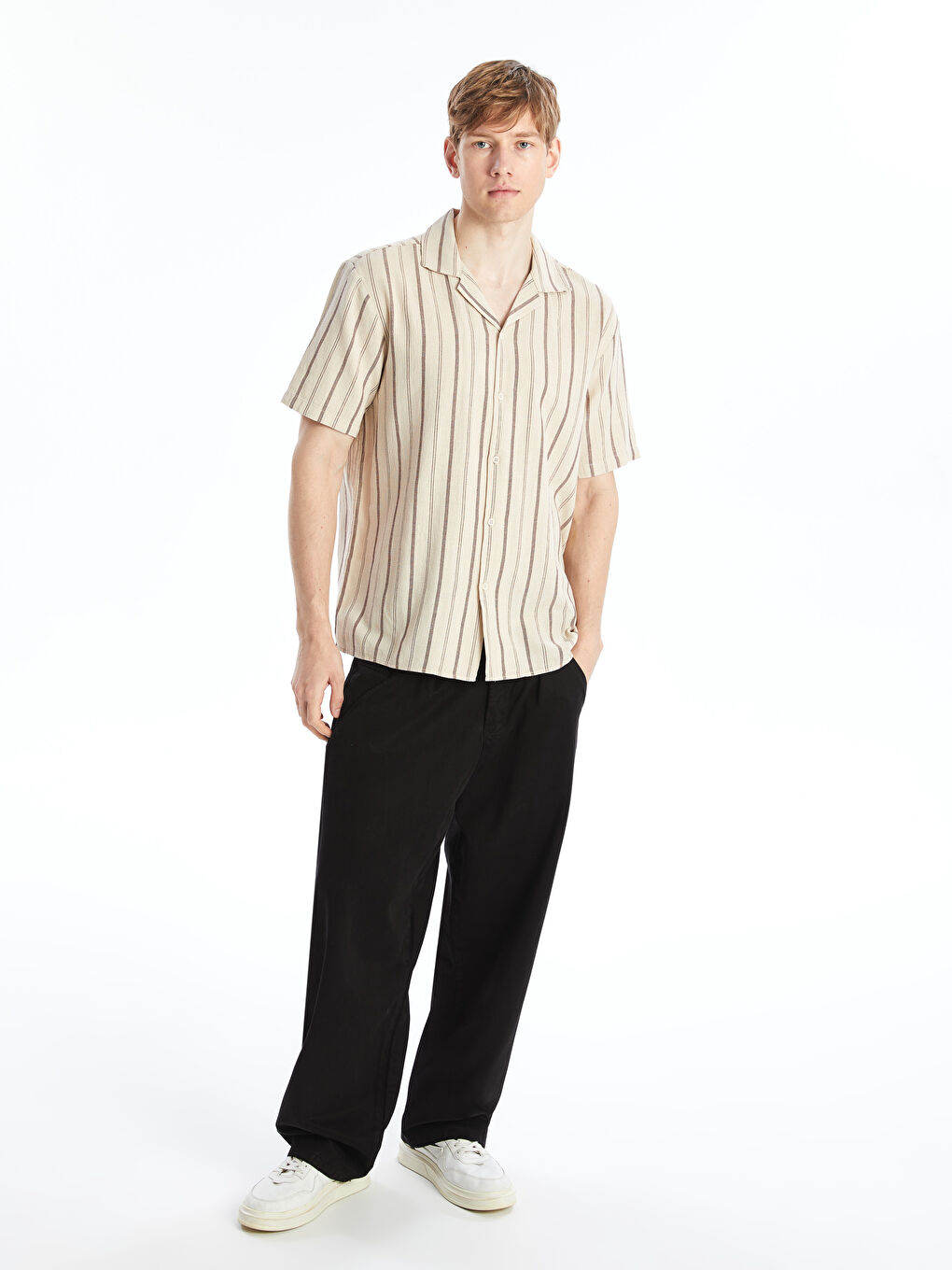 Regular Fit Short Sleeve Striped Poplin Men's Shirt -S4GC06Z8-LEW