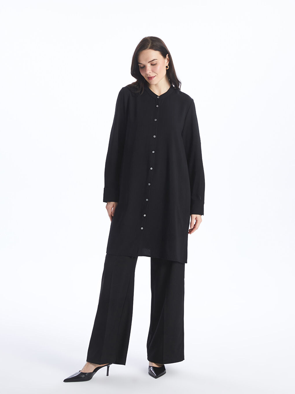 Siyah Bisiklet Yaka Düz Uzun Kollu Kadın Elbise-2